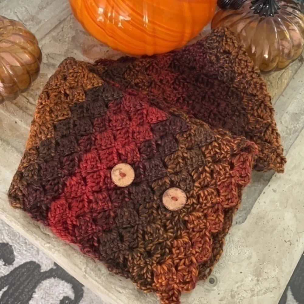 Handmade Extra Soft Button Statement Scarf in Fall Autumn Sunset Crochet Knit